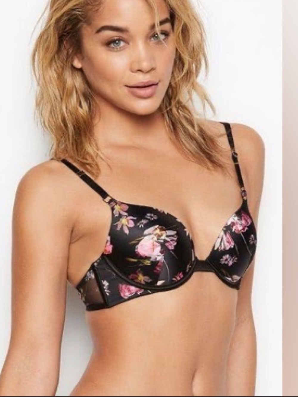 Victoria’s Secret Black Floral Push Up Bra Strappy Romantic Moody Sexy Size 34C
